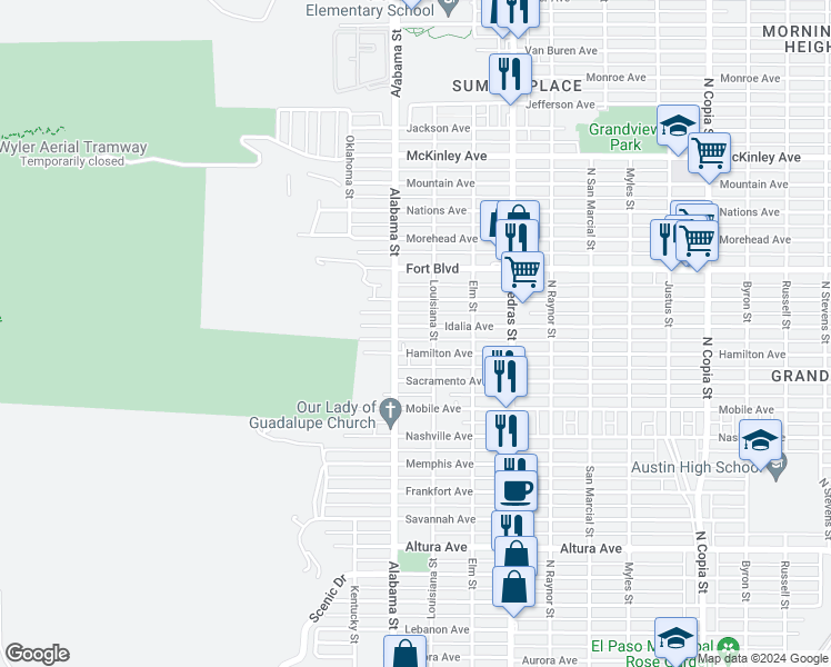 map of restaurants, bars, coffee shops, grocery stores, and more near 2604 Porter Avenue in El Paso