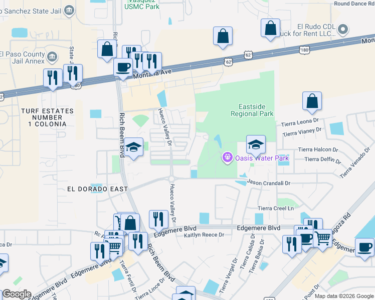 map of restaurants, bars, coffee shops, grocery stores, and more near 12925 Hueco Mine Drive in El Paso