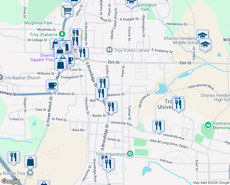 map of restaurants, bars, coffee shops, grocery stores, and more near 101-199 Gamble Street in Troy