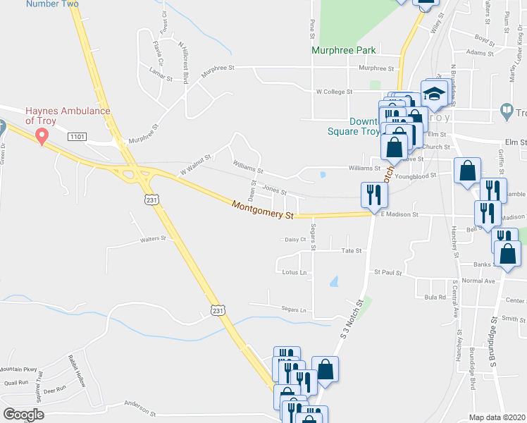 map of restaurants, bars, coffee shops, grocery stores, and more near 301 Montgomery Street in Troy