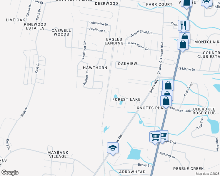 map of restaurants, bars, coffee shops, grocery stores, and more near 1350 Forest Lake Drive in Hinesville