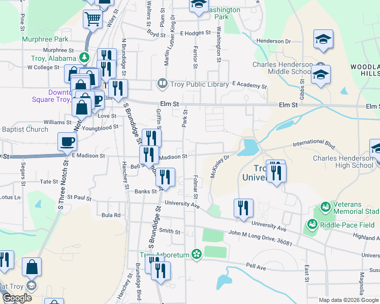 map of restaurants, bars, coffee shops, grocery stores, and more near 604 East Madison Street in Troy