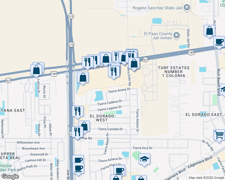 map of restaurants, bars, coffee shops, grocery stores, and more near 12309 Tierra Arena Drive in El Paso