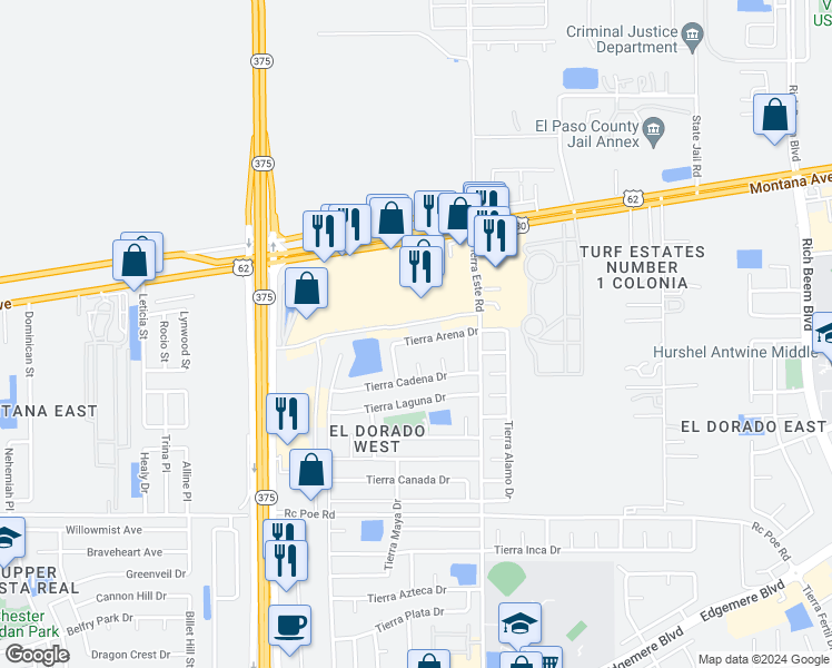 map of restaurants, bars, coffee shops, grocery stores, and more near 12309 Tierra Arena Drive in El Paso