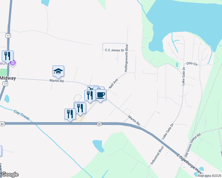 map of restaurants, bars, coffee shops, grocery stores, and more near 53-99 Nell Avenue in Midway