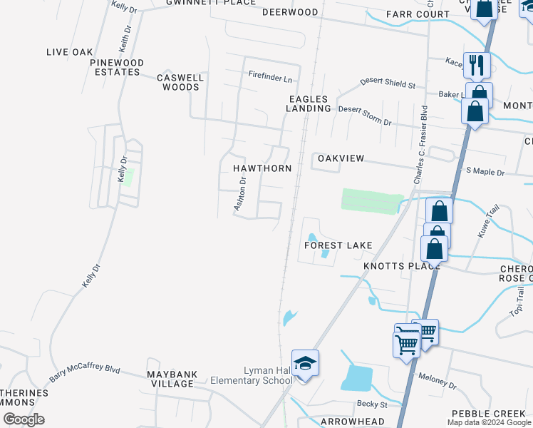 map of restaurants, bars, coffee shops, grocery stores, and more near 1704 Ashton Drive in Hinesville
