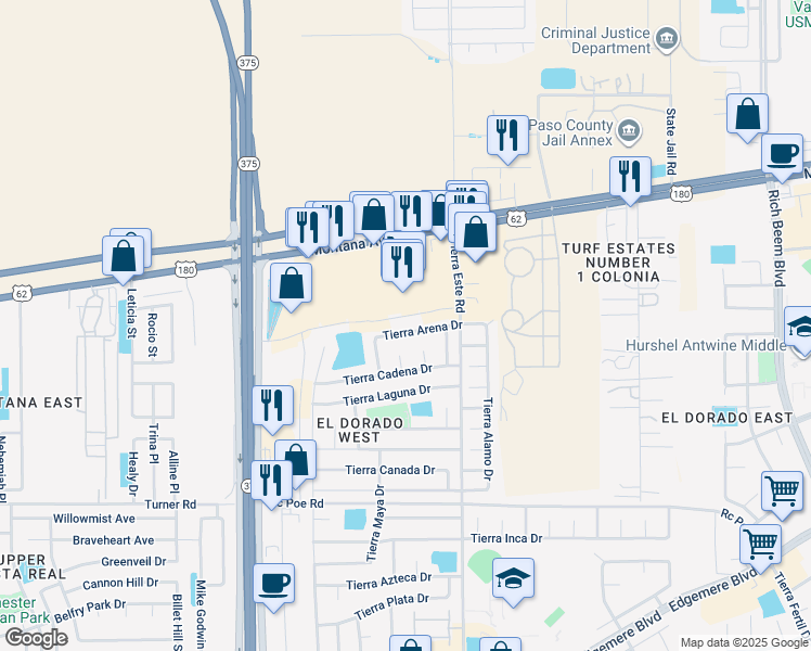 map of restaurants, bars, coffee shops, grocery stores, and more near 12333 Tierra Arena Drive in El Paso