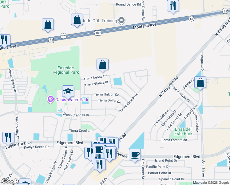 map of restaurants, bars, coffee shops, grocery stores, and more near 14128 Tierra Morena Drive in El Paso