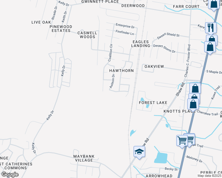 map of restaurants, bars, coffee shops, grocery stores, and more near 1730 Ashton Drive in Hinesville