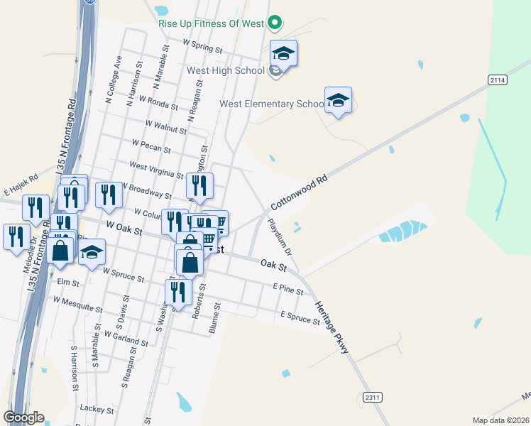 map of restaurants, bars, coffee shops, grocery stores, and more near 268 East Columbus Street in West