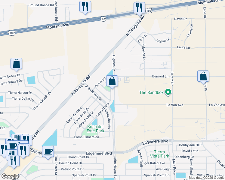 map of restaurants, bars, coffee shops, grocery stores, and more near 3540 Augusta Road in El Paso
