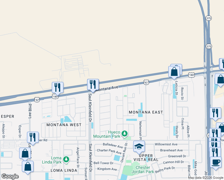 map of restaurants, bars, coffee shops, grocery stores, and more near 3757 Silver Palm Drive in El Paso