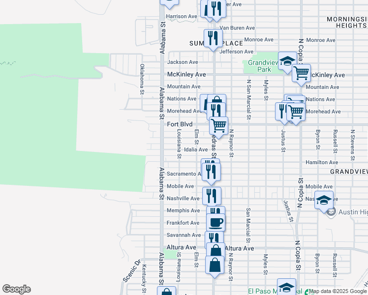map of restaurants, bars, coffee shops, grocery stores, and more near 2702 Porter Avenue in El Paso