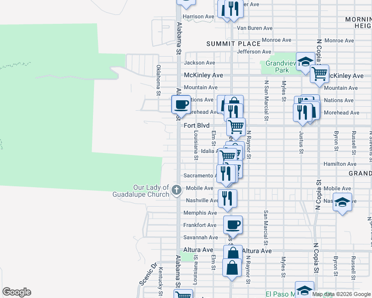 map of restaurants, bars, coffee shops, grocery stores, and more near 2604 Porter Avenue in El Paso