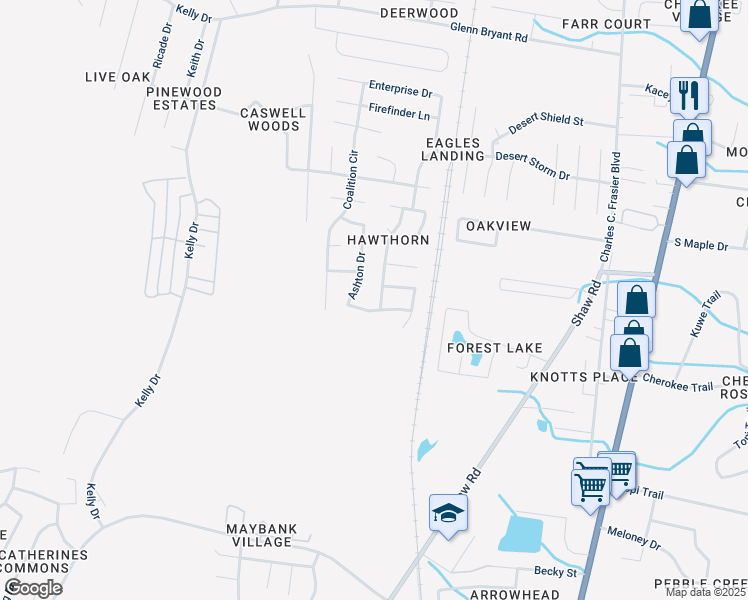map of restaurants, bars, coffee shops, grocery stores, and more near 1585 Pendleton Drive in Hinesville