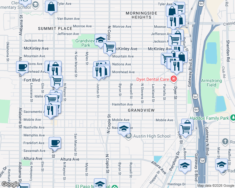 map of restaurants, bars, coffee shops, grocery stores, and more near 3504 Porter Avenue in El Paso