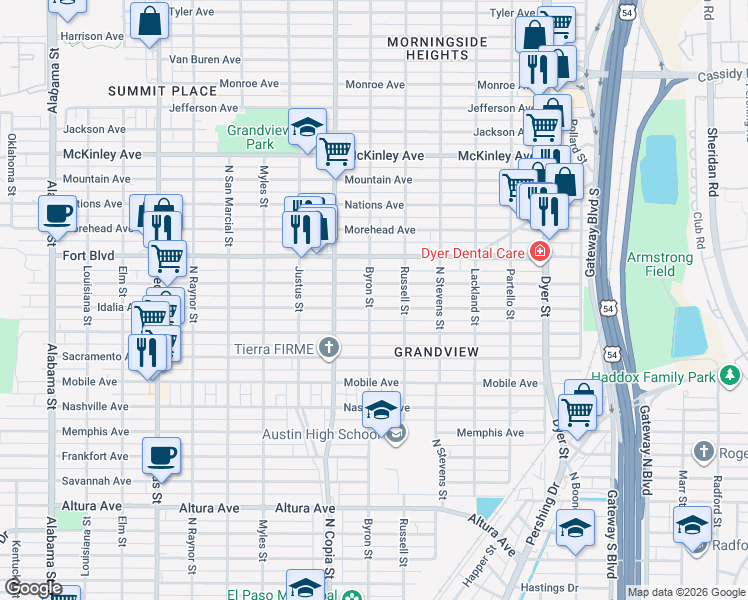 map of restaurants, bars, coffee shops, grocery stores, and more near 3504 Porter Avenue in El Paso