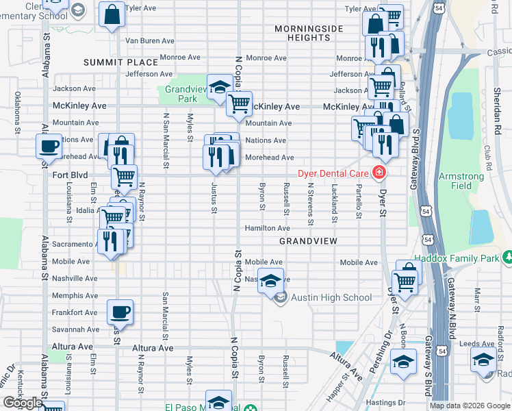 map of restaurants, bars, coffee shops, grocery stores, and more near 3504 Porter Avenue in El Paso