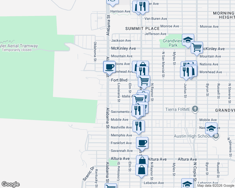 map of restaurants, bars, coffee shops, grocery stores, and more near 2702 Porter Avenue in El Paso