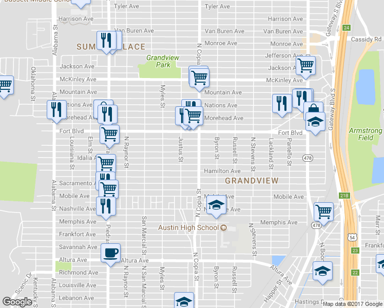 map of restaurants, bars, coffee shops, grocery stores, and more near 3331 Idalia Avenue in El Paso