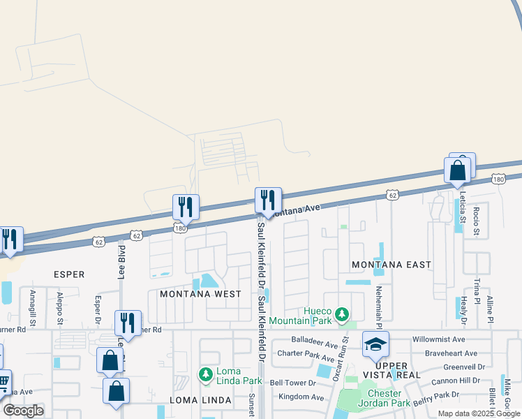 map of restaurants, bars, coffee shops, grocery stores, and more near 11701 Montana Avenue in El Paso