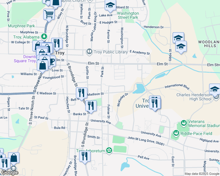 map of restaurants, bars, coffee shops, grocery stores, and more near 411 Gamble Street in Troy