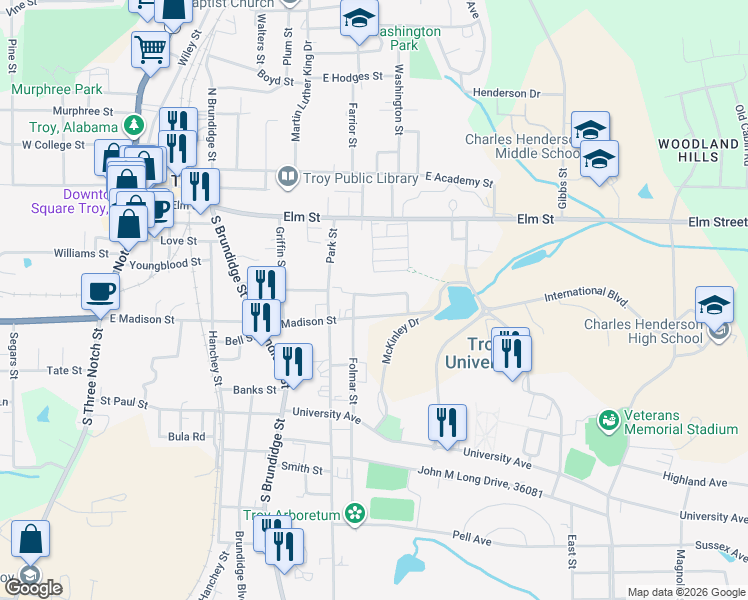 map of restaurants, bars, coffee shops, grocery stores, and more near 411 Gamble Street in Troy