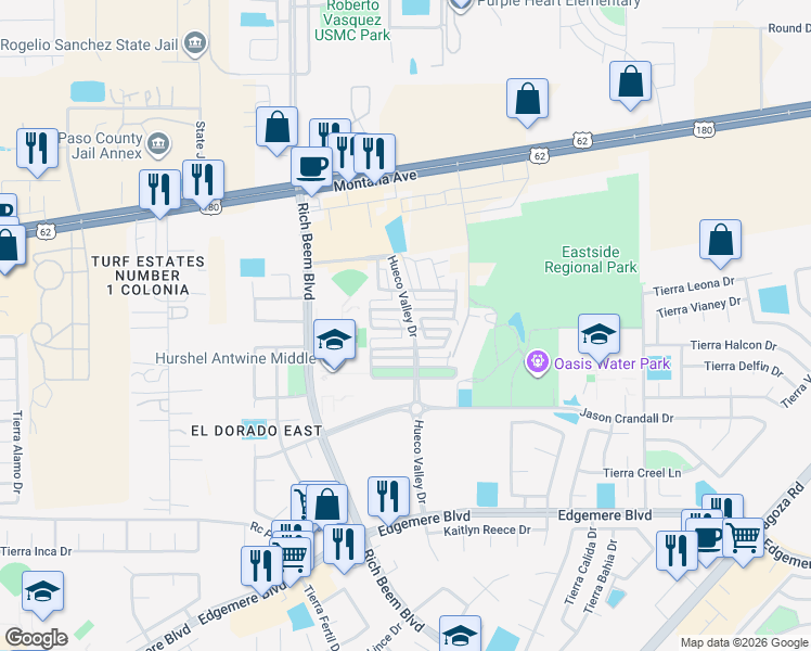 map of restaurants, bars, coffee shops, grocery stores, and more near 3917 Hueco Valley Drive in El Paso
