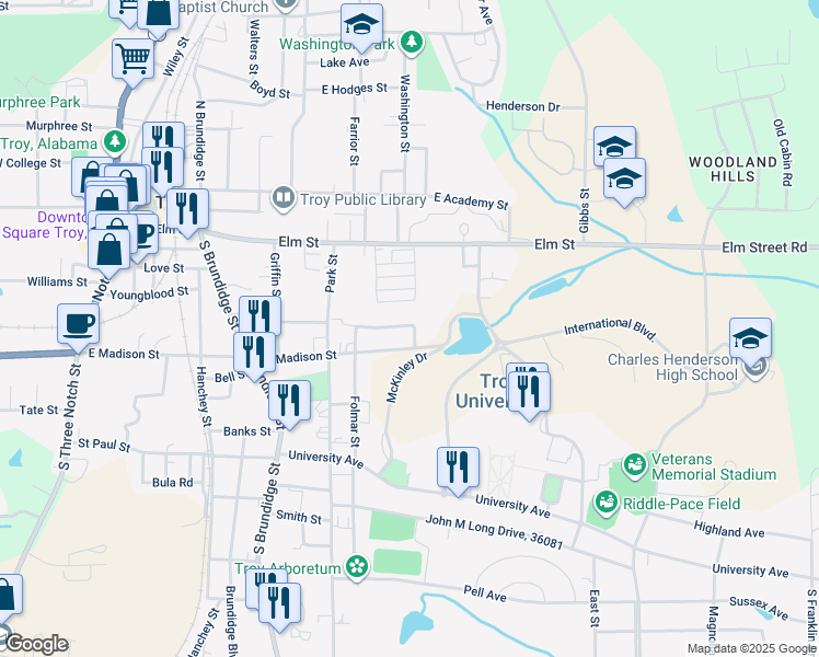 map of restaurants, bars, coffee shops, grocery stores, and more near 423 East Gamble Street in Troy