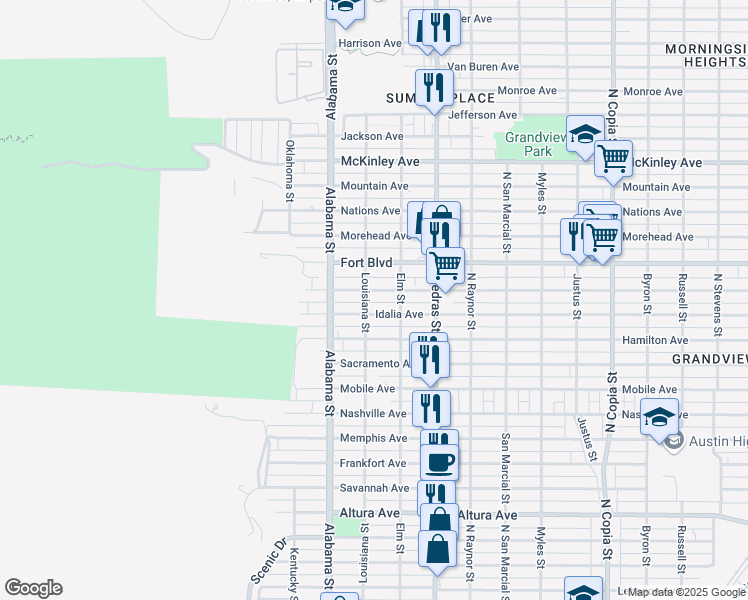 map of restaurants, bars, coffee shops, grocery stores, and more near 2702 Porter Avenue in El Paso