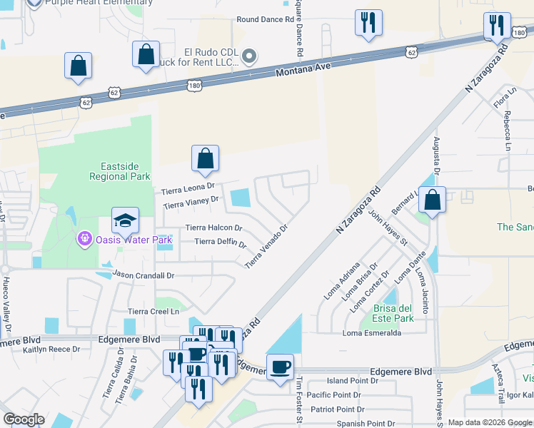 map of restaurants, bars, coffee shops, grocery stores, and more near 4069 Tierra Bronce Drive in El Paso