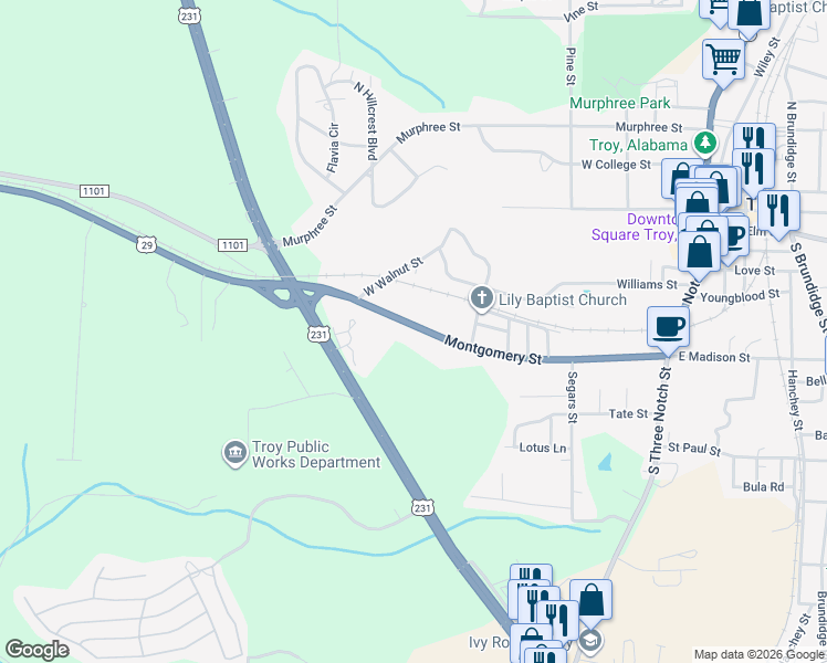 map of restaurants, bars, coffee shops, grocery stores, and more near 324 Montgomery Street in Troy
