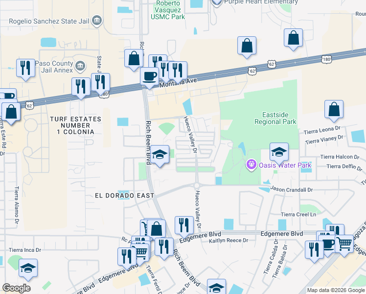 map of restaurants, bars, coffee shops, grocery stores, and more near 3917 Hueco Valley Drive in El Paso