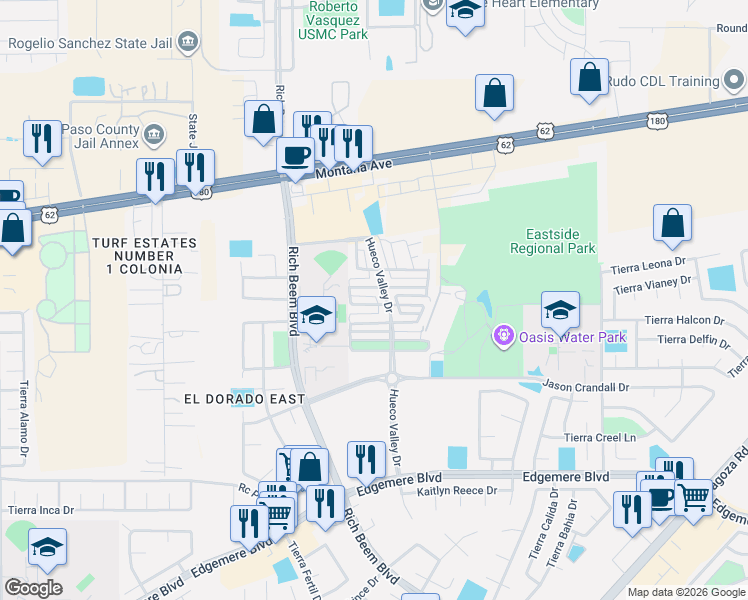 map of restaurants, bars, coffee shops, grocery stores, and more near 3917 Hueco Valley Drive in El Paso