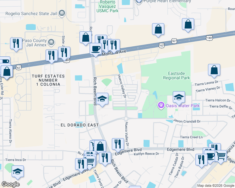 map of restaurants, bars, coffee shops, grocery stores, and more near 3917 Hueco Valley Drive in El Paso
