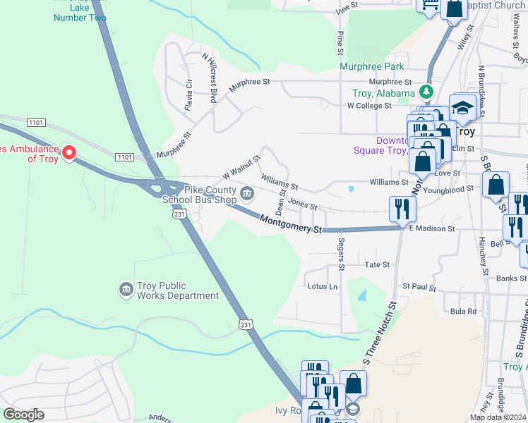 map of restaurants, bars, coffee shops, grocery stores, and more near 301 Montgomery Street in Troy