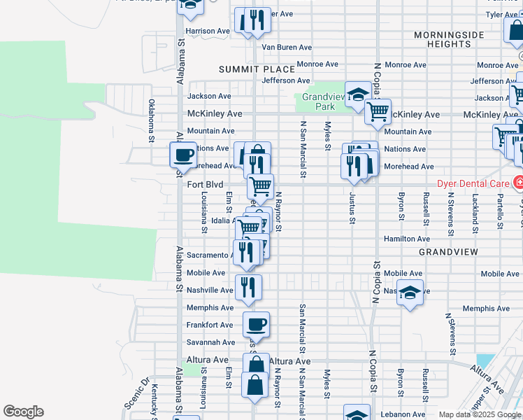 map of restaurants, bars, coffee shops, grocery stores, and more near 3116 North Piedras Street in El Paso