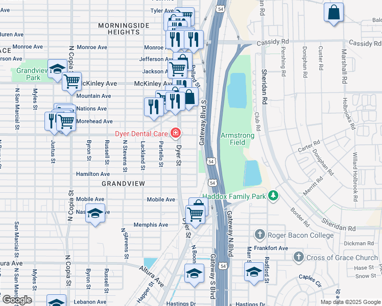 map of restaurants, bars, coffee shops, grocery stores, and more near 3130 Dyer Street in El Paso