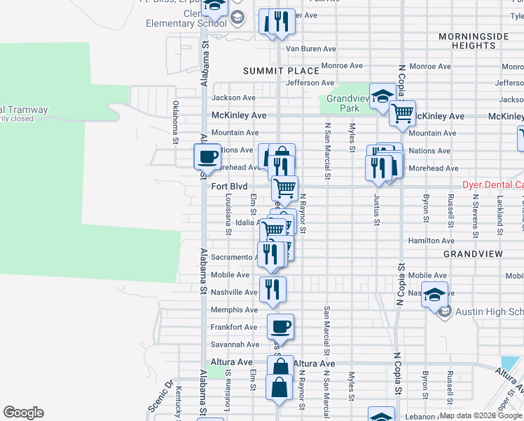 map of restaurants, bars, coffee shops, grocery stores, and more near 2804 Porter Avenue in El Paso