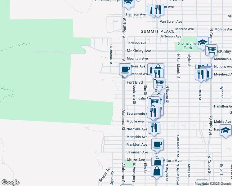 map of restaurants, bars, coffee shops, grocery stores, and more near 2518 Porter Ave in El Paso