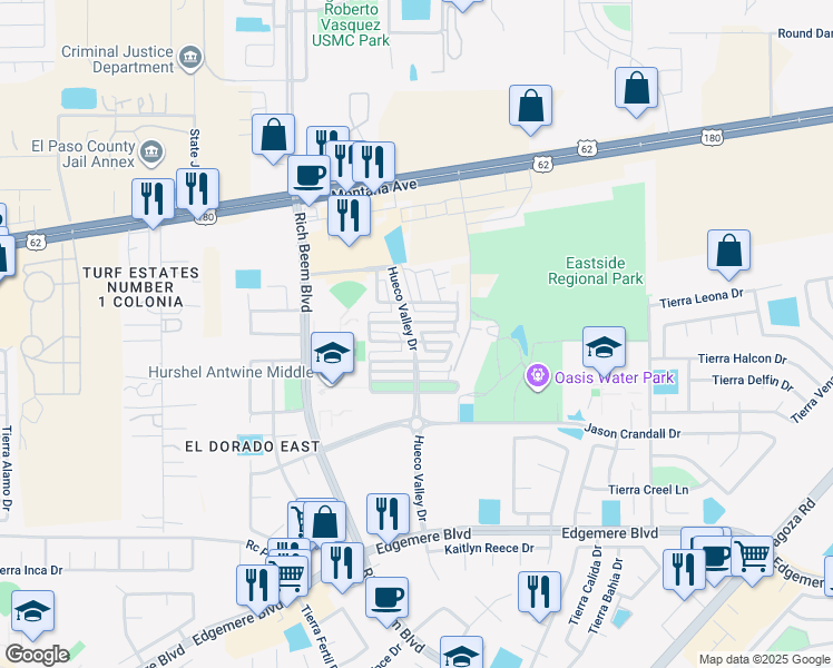 map of restaurants, bars, coffee shops, grocery stores, and more near 3920 Hueco Valley Drive in El Paso