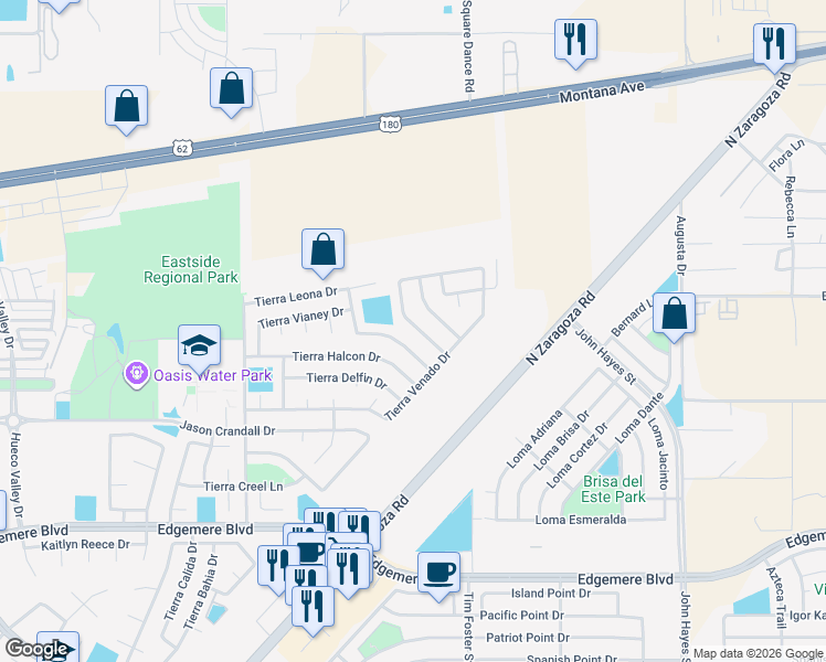 map of restaurants, bars, coffee shops, grocery stores, and more near 4069 Tierra Bronce Drive in El Paso