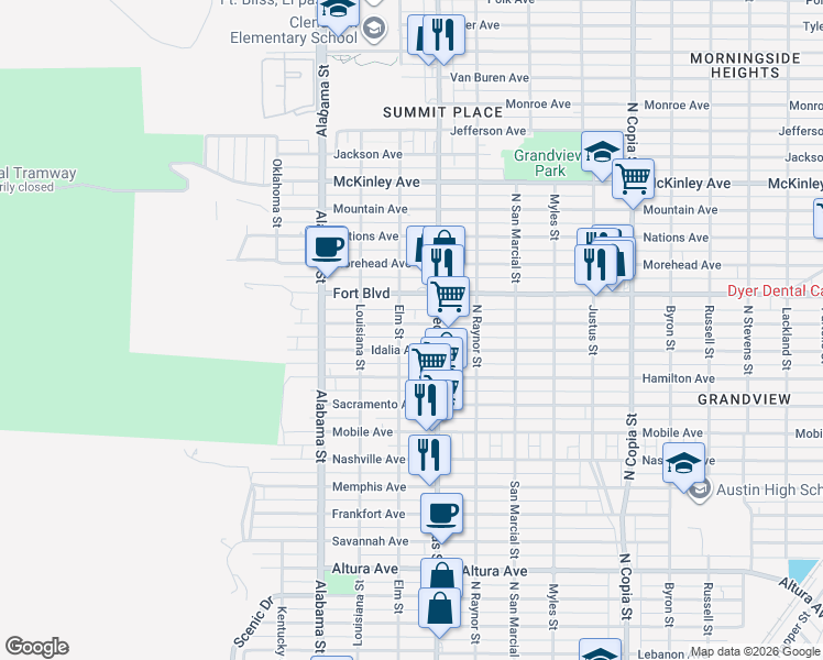 map of restaurants, bars, coffee shops, grocery stores, and more near 2804 Porter Avenue in El Paso