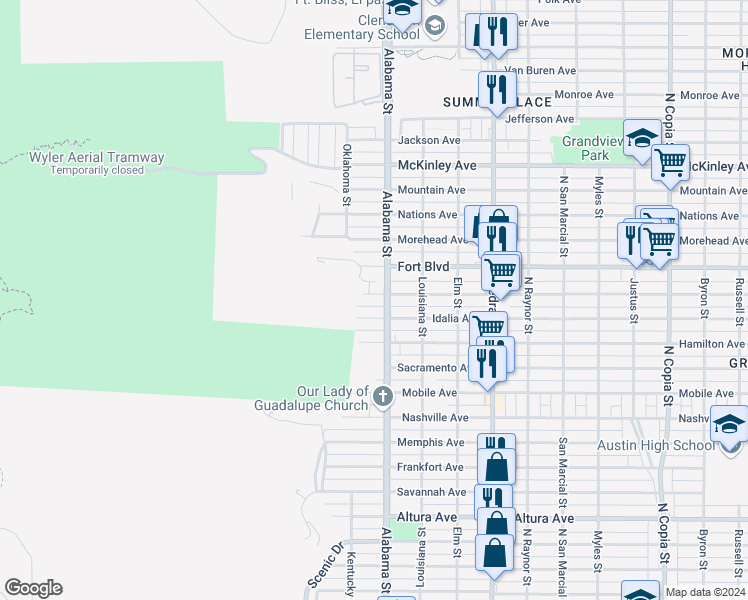 map of restaurants, bars, coffee shops, grocery stores, and more near 2518 Porter Avenue in El Paso