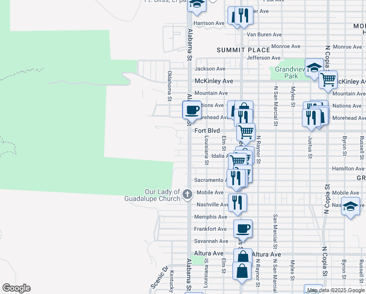 map of restaurants, bars, coffee shops, grocery stores, and more near 2524 Porter Avenue in El Paso