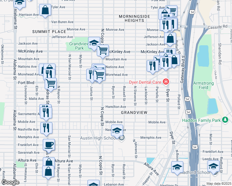 map of restaurants, bars, coffee shops, grocery stores, and more near 3504 Porter Avenue in El Paso