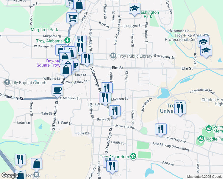 map of restaurants, bars, coffee shops, grocery stores, and more near 101 Gamble Street in Troy
