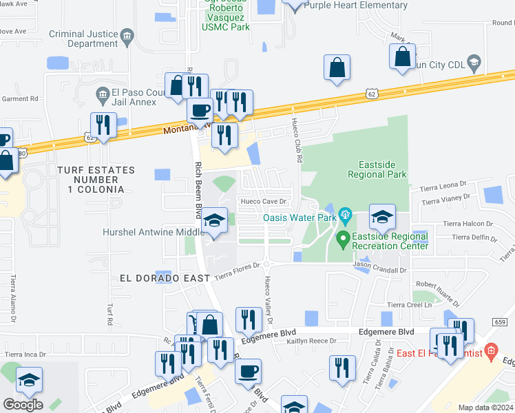map of restaurants, bars, coffee shops, grocery stores, and more near 3917 Hueco Valley Drive in El Paso