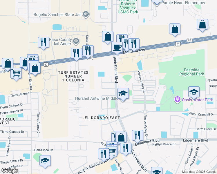 map of restaurants, bars, coffee shops, grocery stores, and more near 12728 Tuscan Hills Place in El Paso