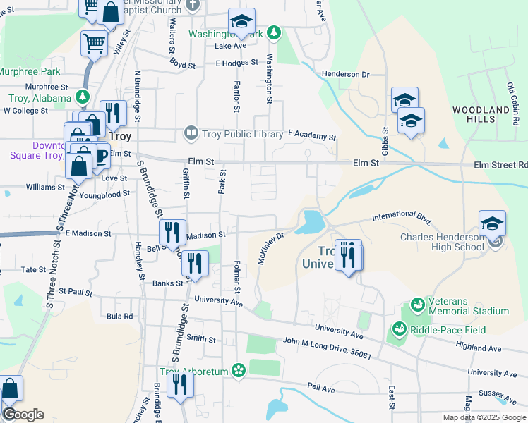 map of restaurants, bars, coffee shops, grocery stores, and more near 306 East Gamble Street in Troy